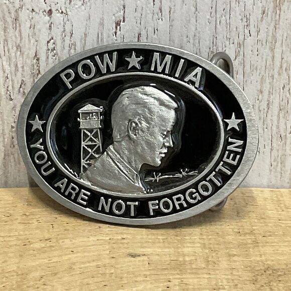 POW MIA Belt Buckle C J Inc 1987 Mens Veterans You Are Not Forgotten Patriotic - Picture 1 of 6